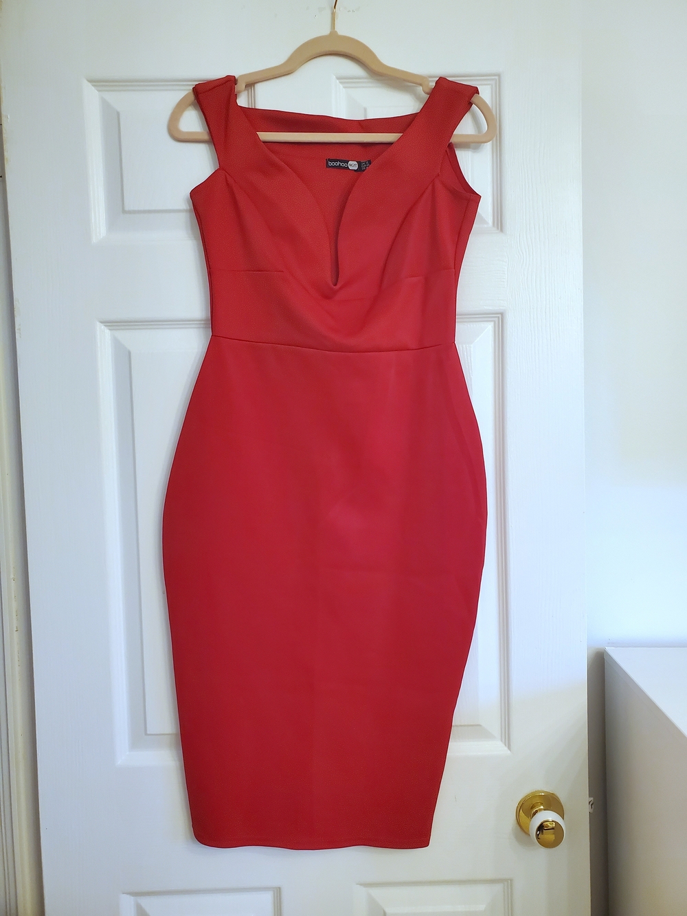 Boohoo Red Off The Shoulder Midi Bodycon Dress